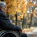 An elderly man in a wheelchair sits alone in a park, gazing at the autumn trees with yellow leaves falling around him, reflecting a peaceful yet contemplative moment.