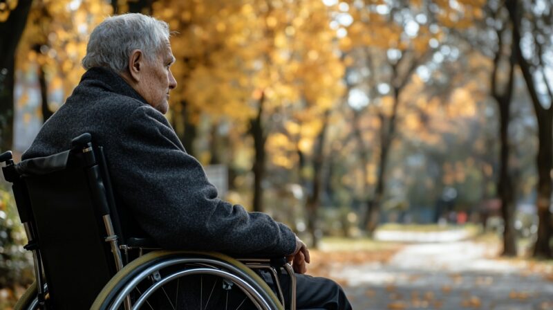 An elderly man in a wheelchair sits alone in a park, gazing at the autumn trees with yellow leaves falling around him, reflecting a peaceful yet contemplative moment.