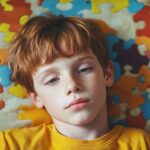 A young boy with red hair and freckles lying on a colorful puzzle piece-patterned blanket, looking thoughtful and pensive, wearing a yellow shirt.