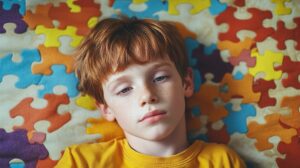 A young boy with red hair and freckles lying on a colorful puzzle piece-patterned blanket, looking thoughtful and pensive, wearing a yellow shirt.